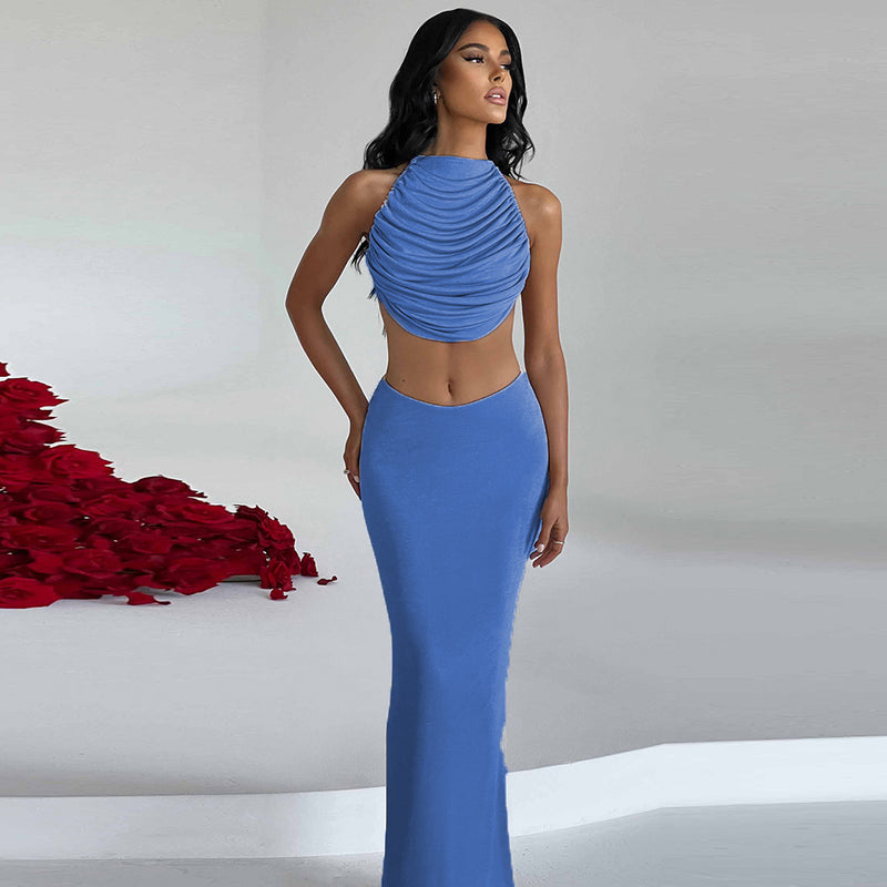 Sexy Tie Up Pleated Crop Tops Two Piece Skirts Set GNZD 9607SD