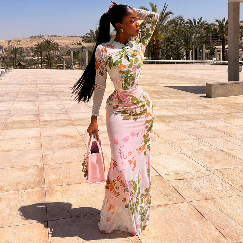 Long Sleeve Print Slim Maxi Dress GJYO JD305588