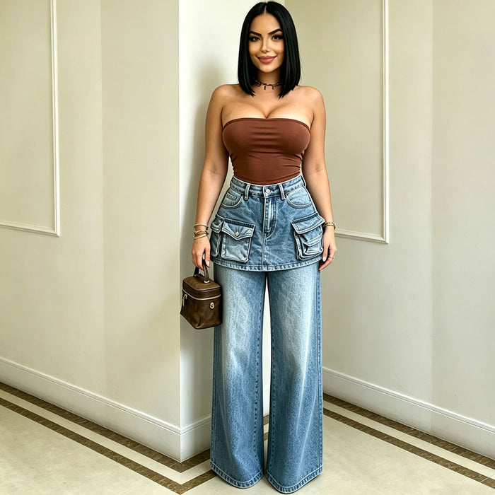Fashion Multi Pocket Faux Two Piece Jeans GAKF 60515