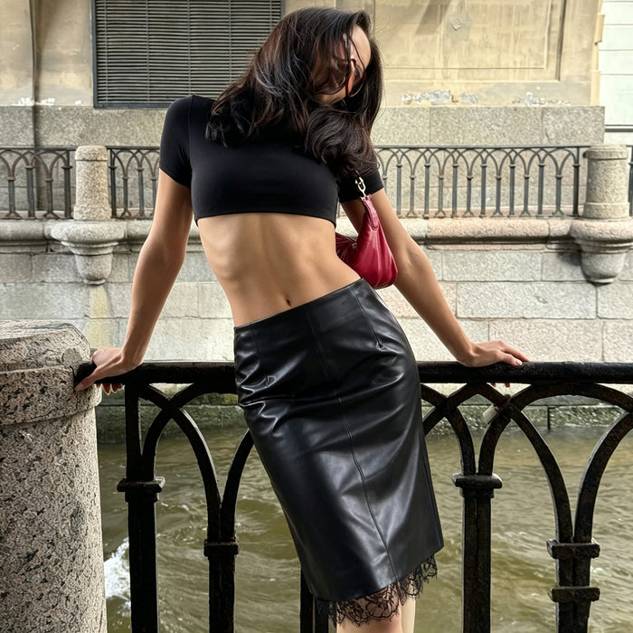 Lace Patchwork Leather Half Body Skirt GPKJ MR51859