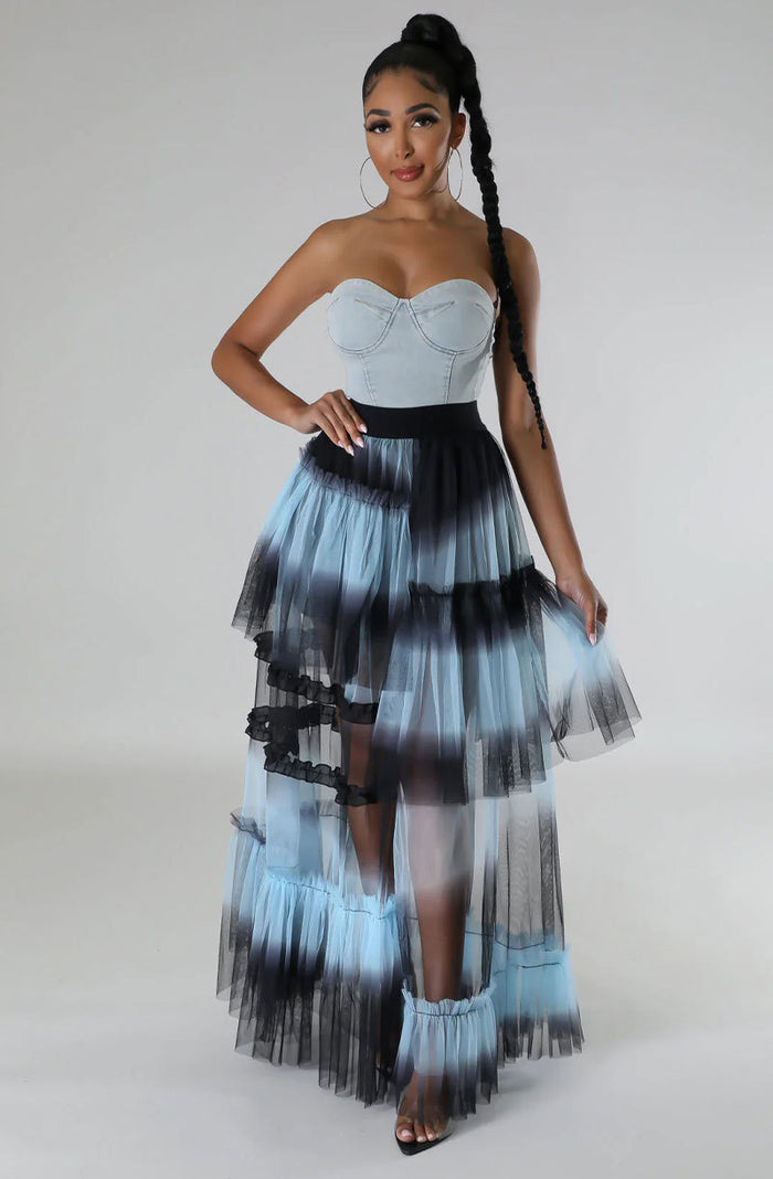 Contrast Color High Waist Mesh Long Skirts XHXF 375