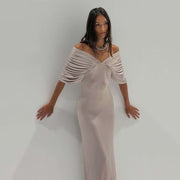 Off Shoulder Ruched Solid Color Maxi Dress GYME K6D06869A