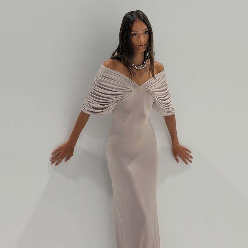 Off Shoulder Ruched Solid Color Maxi Dress GYME K6D06869A