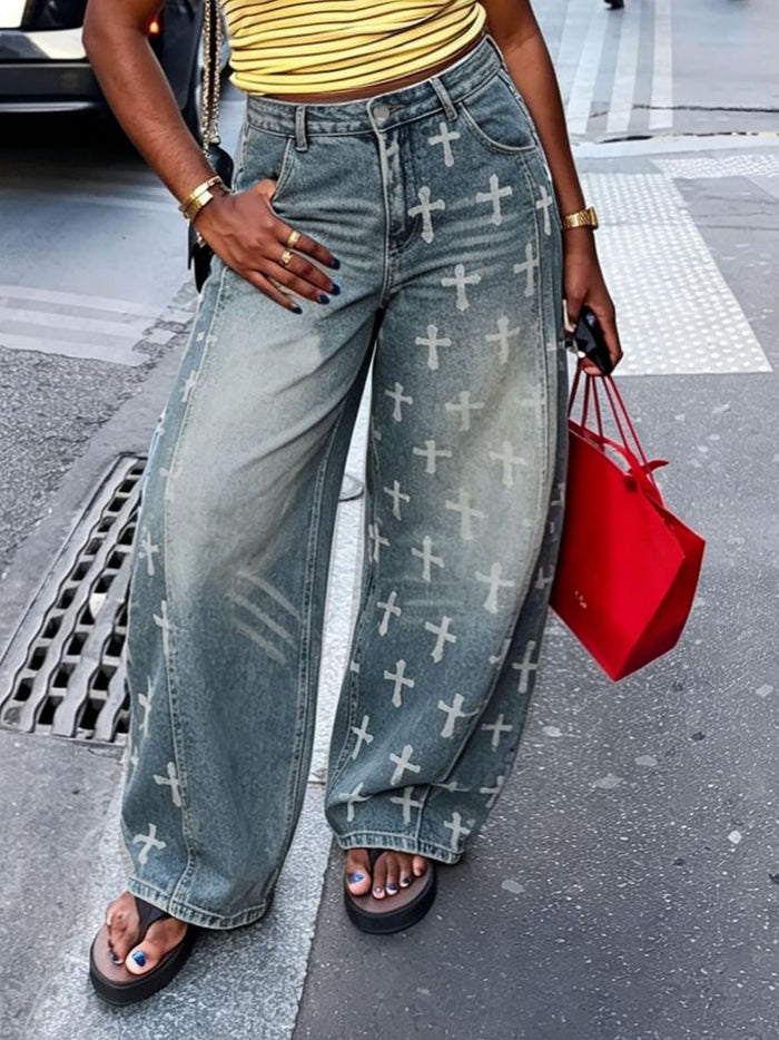Plus Size Cross Print Loose Straight Jeans GYLN 9033
