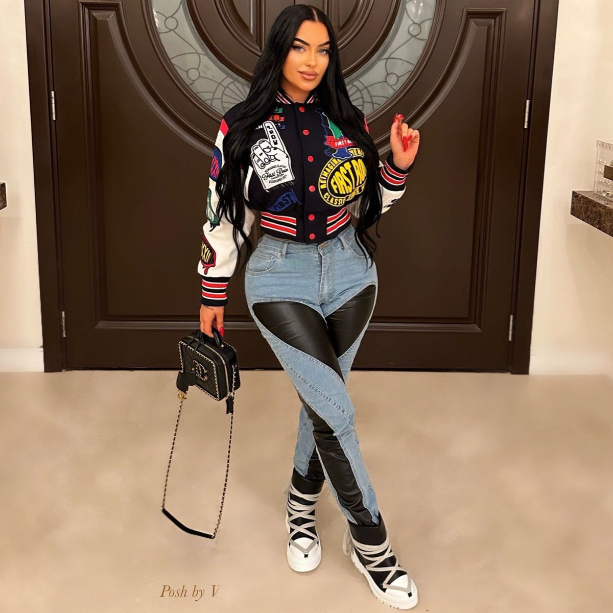 Fashion Print Long Sleeve Rib Patchwork Baseball Jacket YNSF 2618