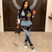 Fashion Print Long Sleeve Rib Patchwork Baseball Jacket YNSF 2618