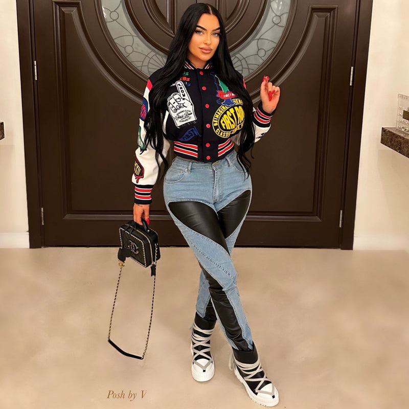 Fashion Print Long Sleeve Rib Patchwork Baseball Jacket YNSF 2618