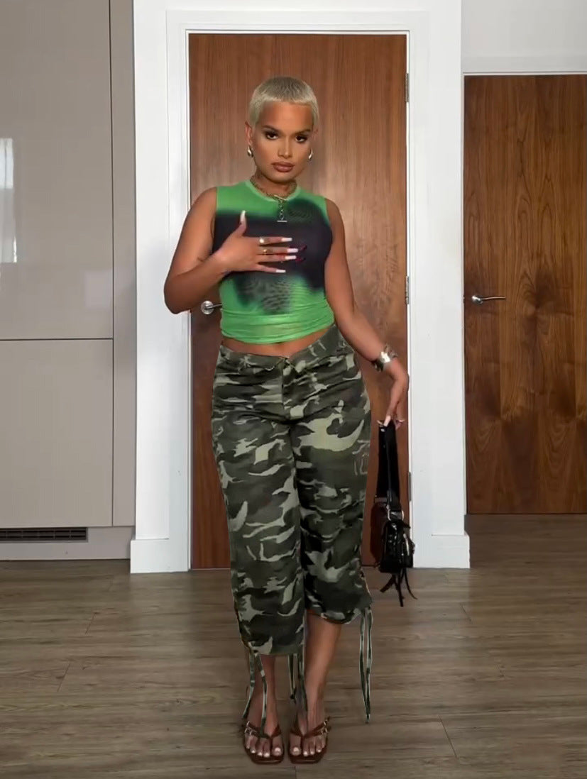 Camouflage Print Drawstring Straight Pants QOUY 6043