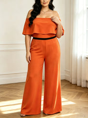 Plus Size Off Shoulder Ruffles Solid Loose Pants Suit GAWE 6753