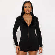 Black Zipper Long Sleeve Slim Romper GDSF J25RP389