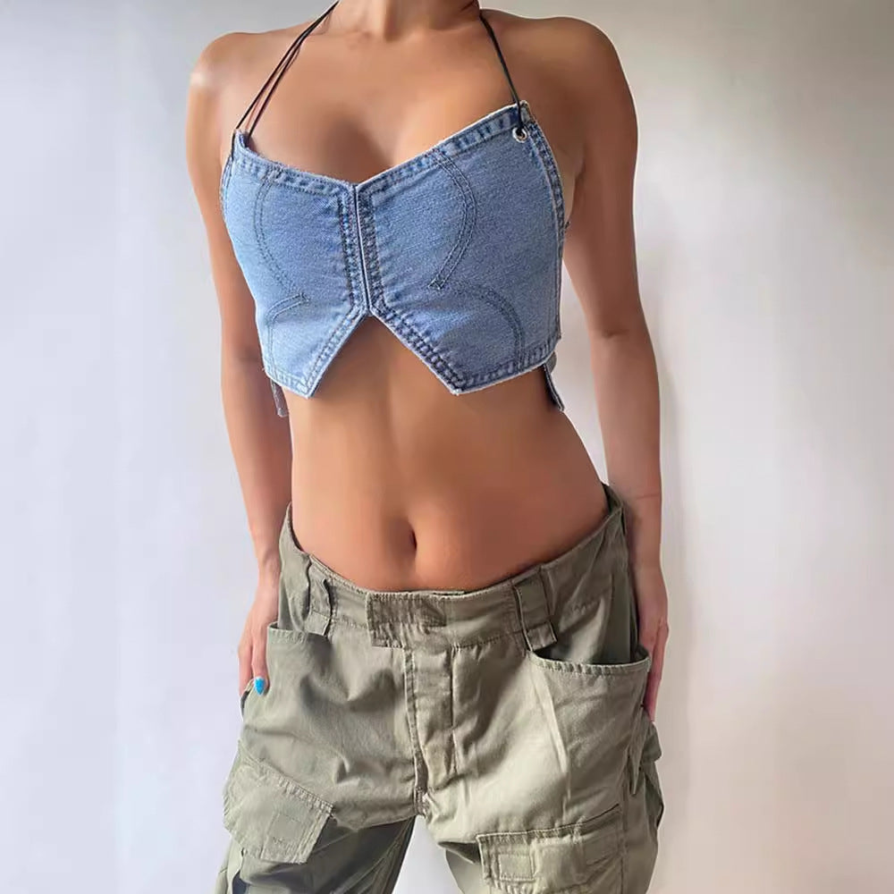 Wrap Chest Halterneck Denim Tank Top GLYK LX008