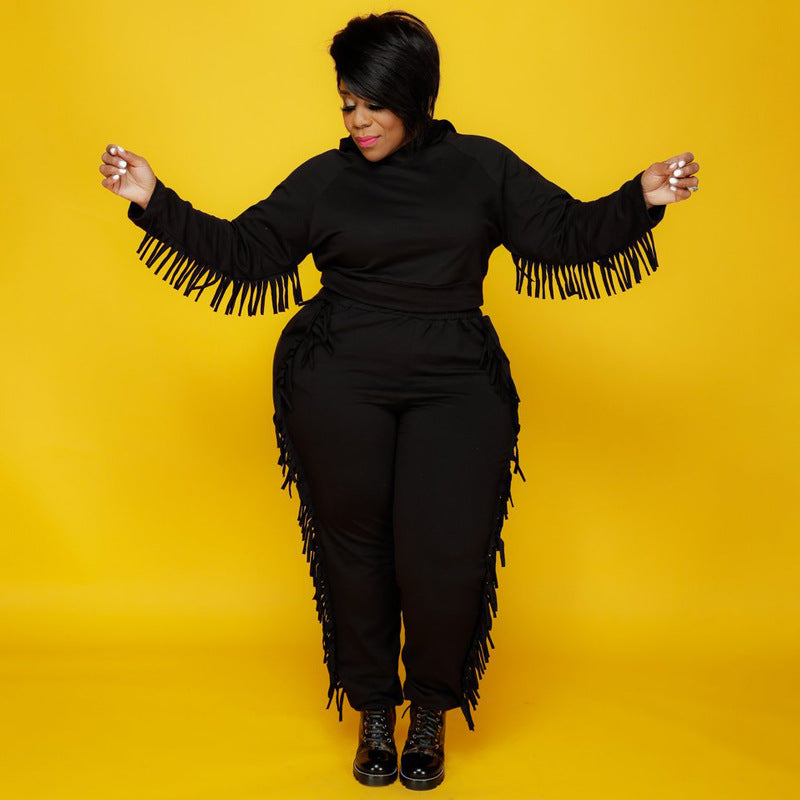Plus Size Solid Color Hooded Tassel Two Piece Pants Set OSIF 21278
