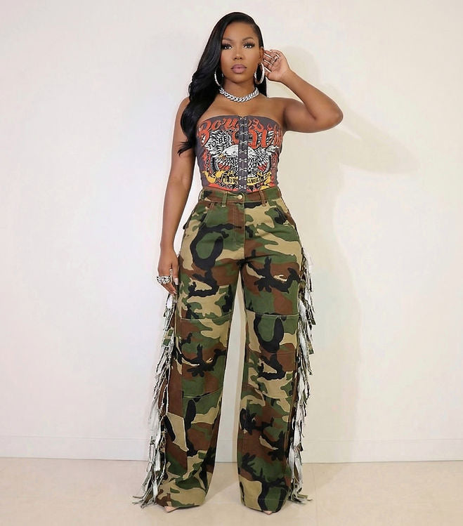 Camouflage Print Tassel Pants GSMJ 8026