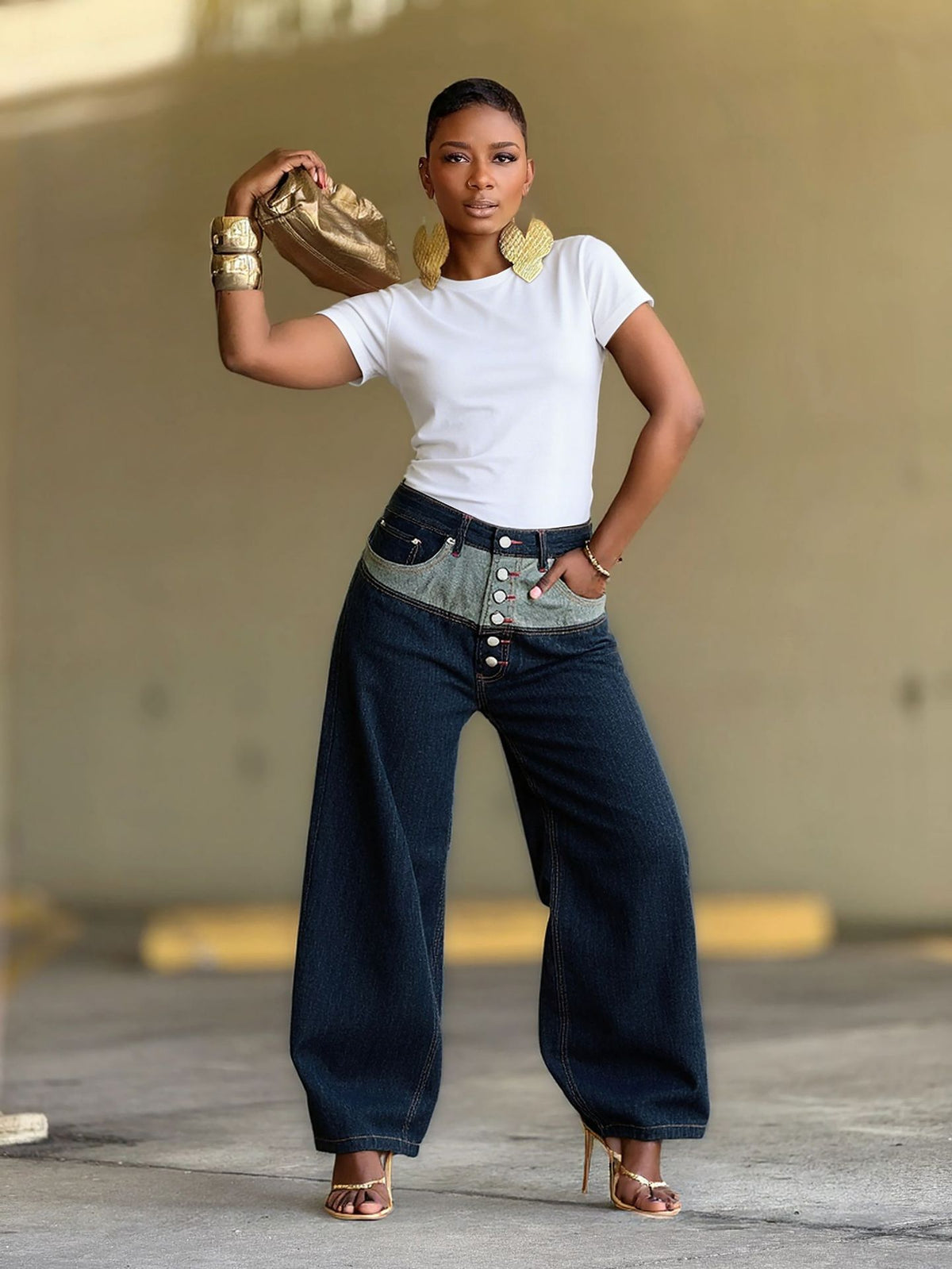 Plus Size Button front Color Block Patchwork Jeans GYLN 4697