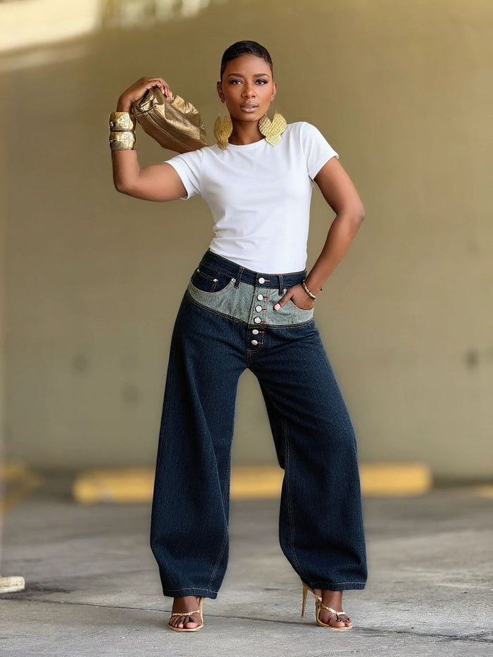 Plus Size Button front Color Block Patchwork Jeans GYLN 4697