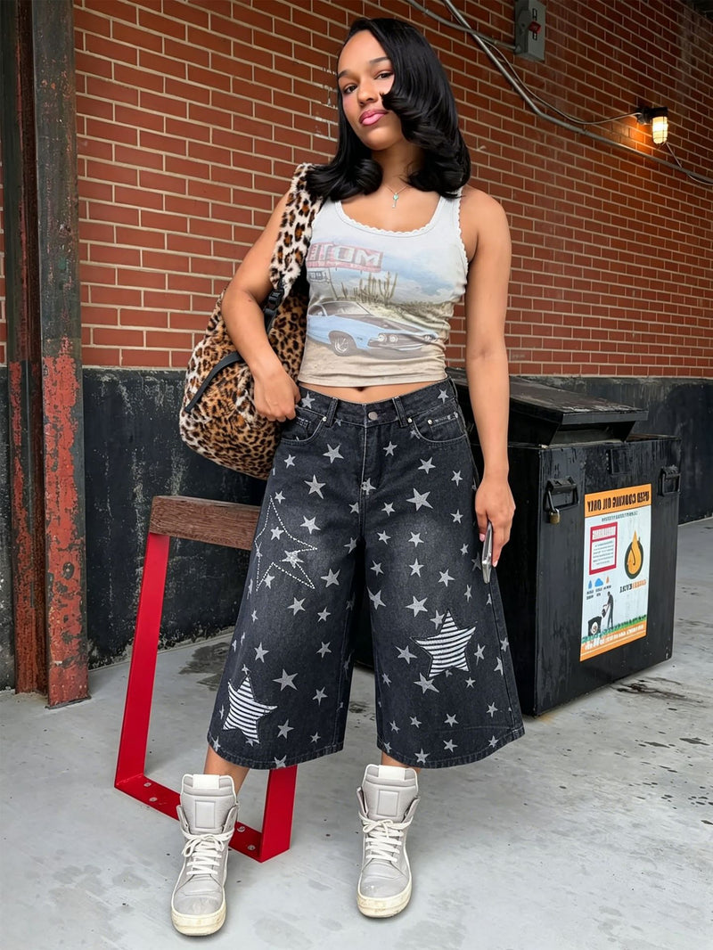 Plus Size Star Patched Embroidered Straight Jeans GYLN 7705