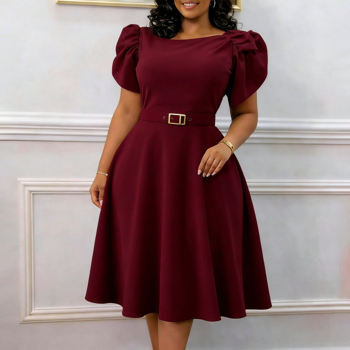 Plus Size Short Sleeve Solid Midi Dress GCZF 8654