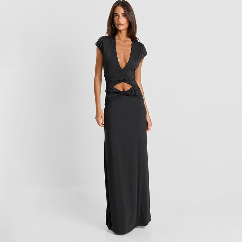 Hollow Out Deep V Neck Maxi Dress GSZM C26DS262