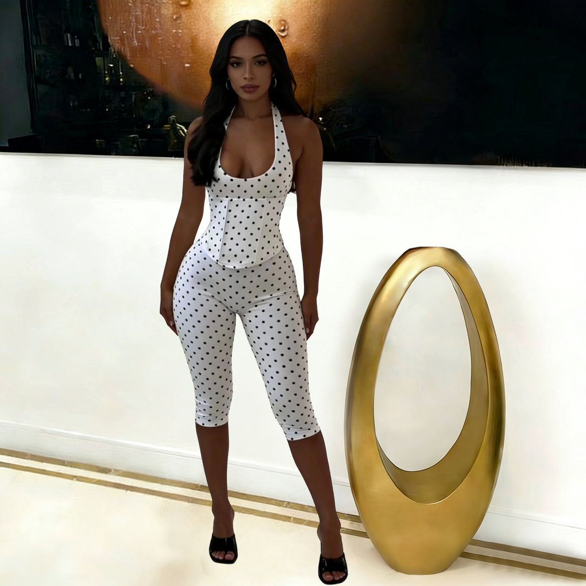 Polka Dots Print Halterneck Tie Up Seventh Jumpsuit TK 6350