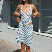 Stripe Backless Tie Up Top Two Piece Skirts Set GFRT 32645SBY