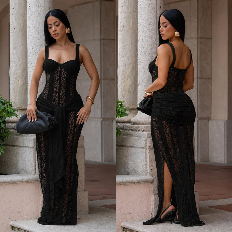 See Through Lace Sling Maxi Dress BY 7705