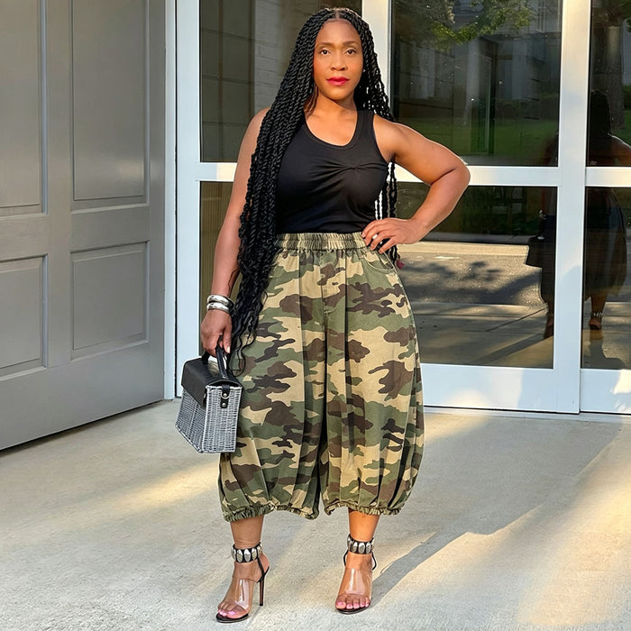 Plus Size Camouflage Printed Wide Leg Seventh Jeans GAKF 60705