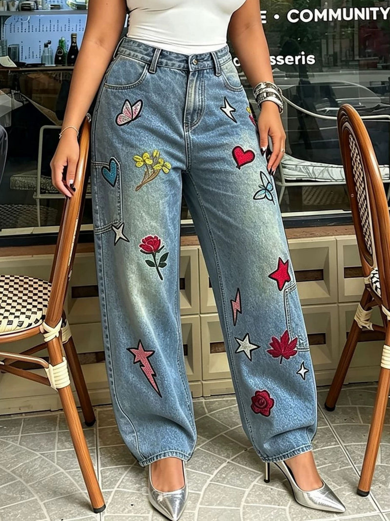 Plus Size Embroidered Patch Star Butterfly Jeans GYLN 4161