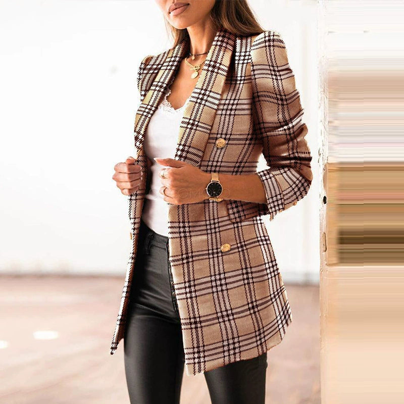 Plus Size Long Sleeve Plaid Print Blazer Coat GWTC W0273