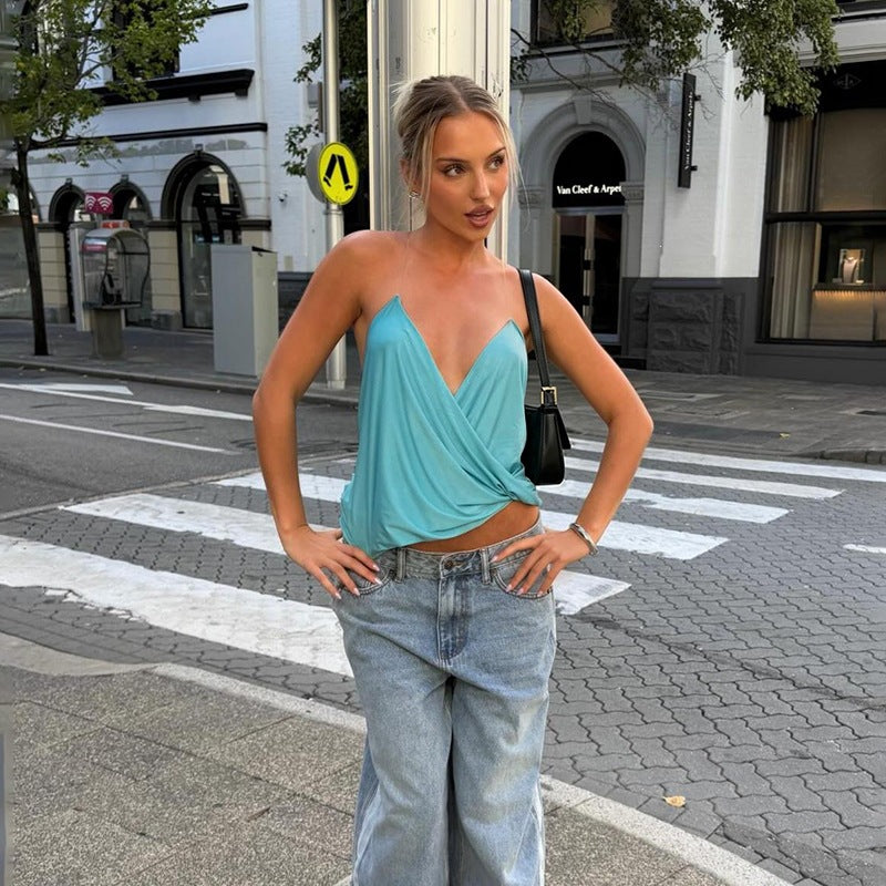 Solid Color V Neck Backless T Shirt GYME K6L06899A