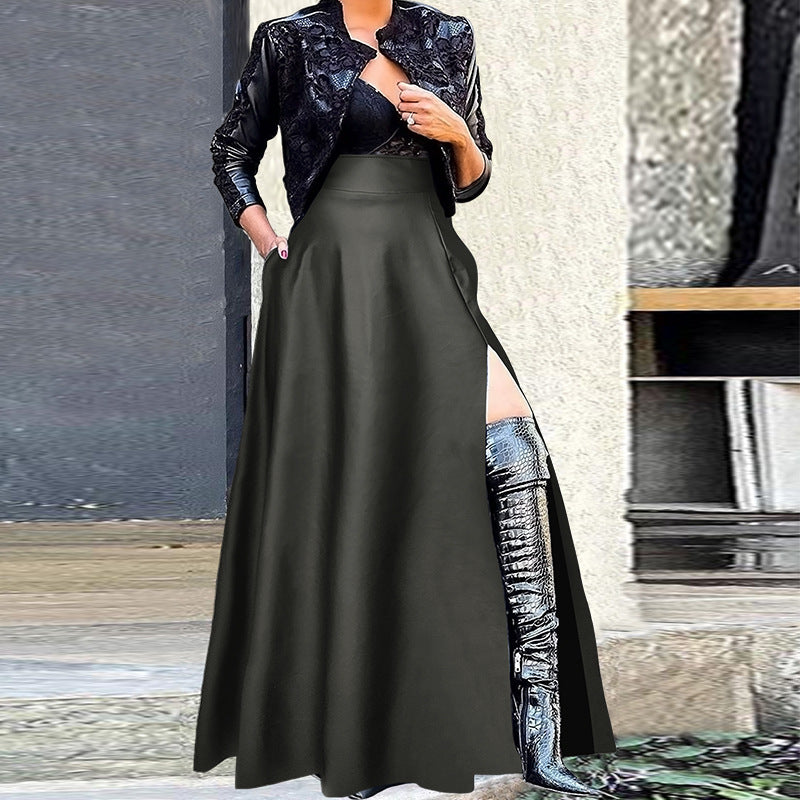 Plus Size PU Zipper Long Split Half body Skirt GDAM 8022