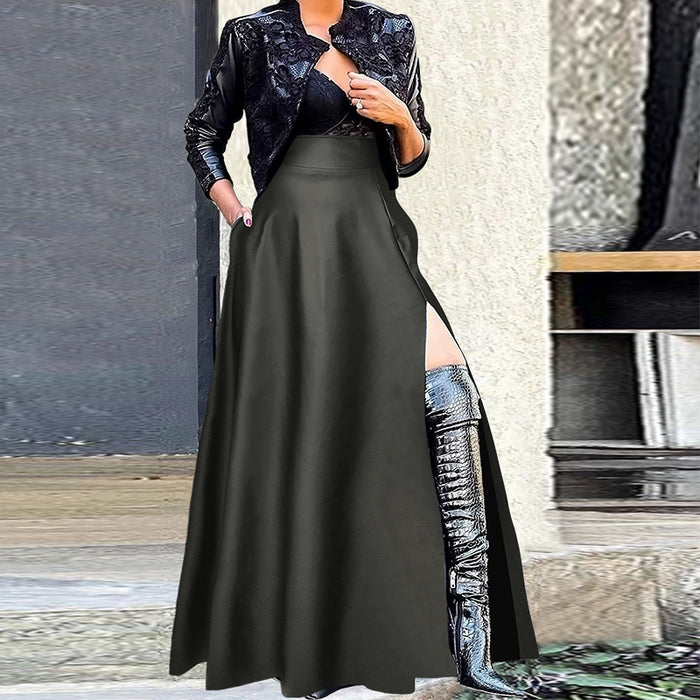 Plus Size PU Zipper Long Split Half body Skirt GDAM 8022