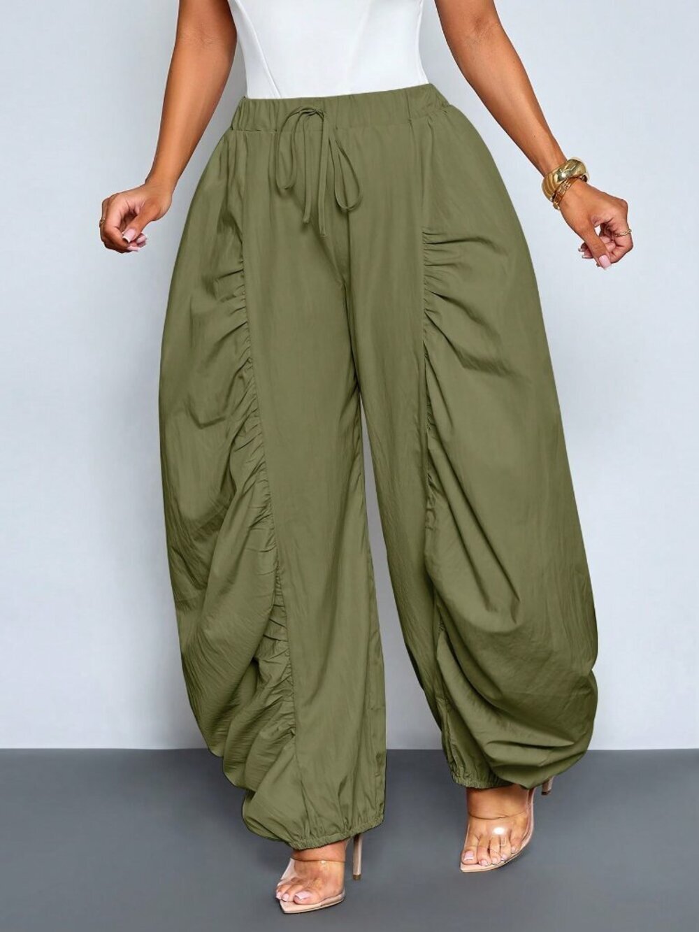 Solid Color Ruched Ice Silk Lantern Pants GQLK 6696