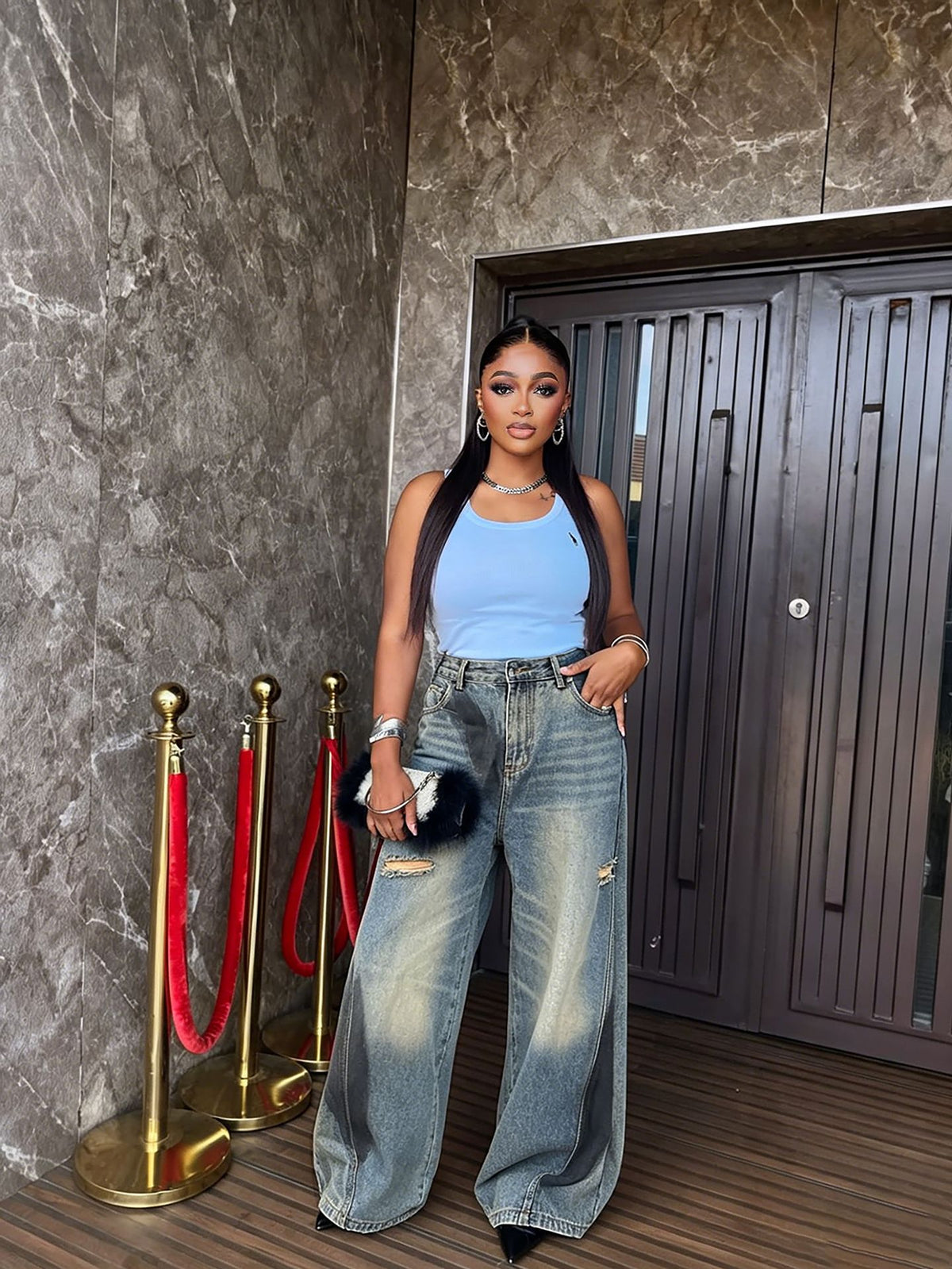 Plus Size Graffiti Washed Wide Leg Jeans GYLN 0320
