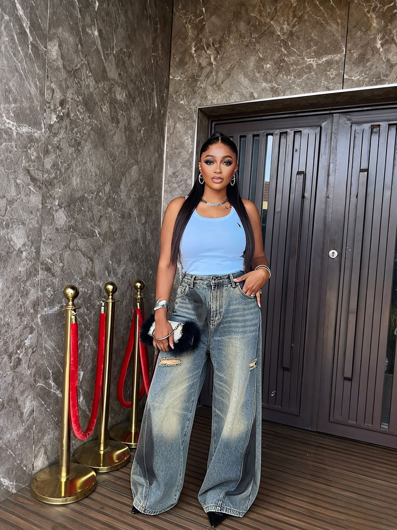 Plus Size Graffiti Washed Wide Leg Jeans GYLN 0320