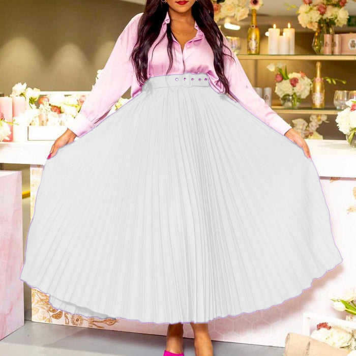 Plus Size High Waist Press Pleated Half Body Skirt With Belt GATE D293P