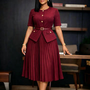 Plus Size Solid Color Patchwork Press Pleated Midi Dress GATE 633