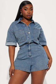 Short Sleeve Loose Washed Denim Romper LX 3573