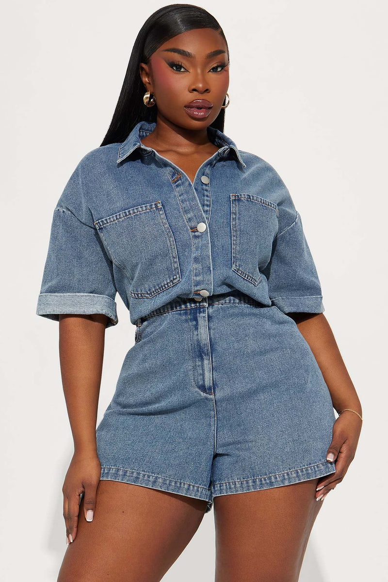 Short Sleeve Loose Washed Denim Romper LX 3573