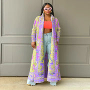 Print Color Block Long Sleeve Cardigan Coat YF 10634