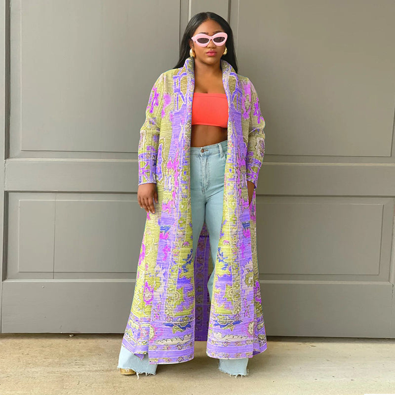 Print Color Block Long Sleeve Cardigan Coat YF 10634