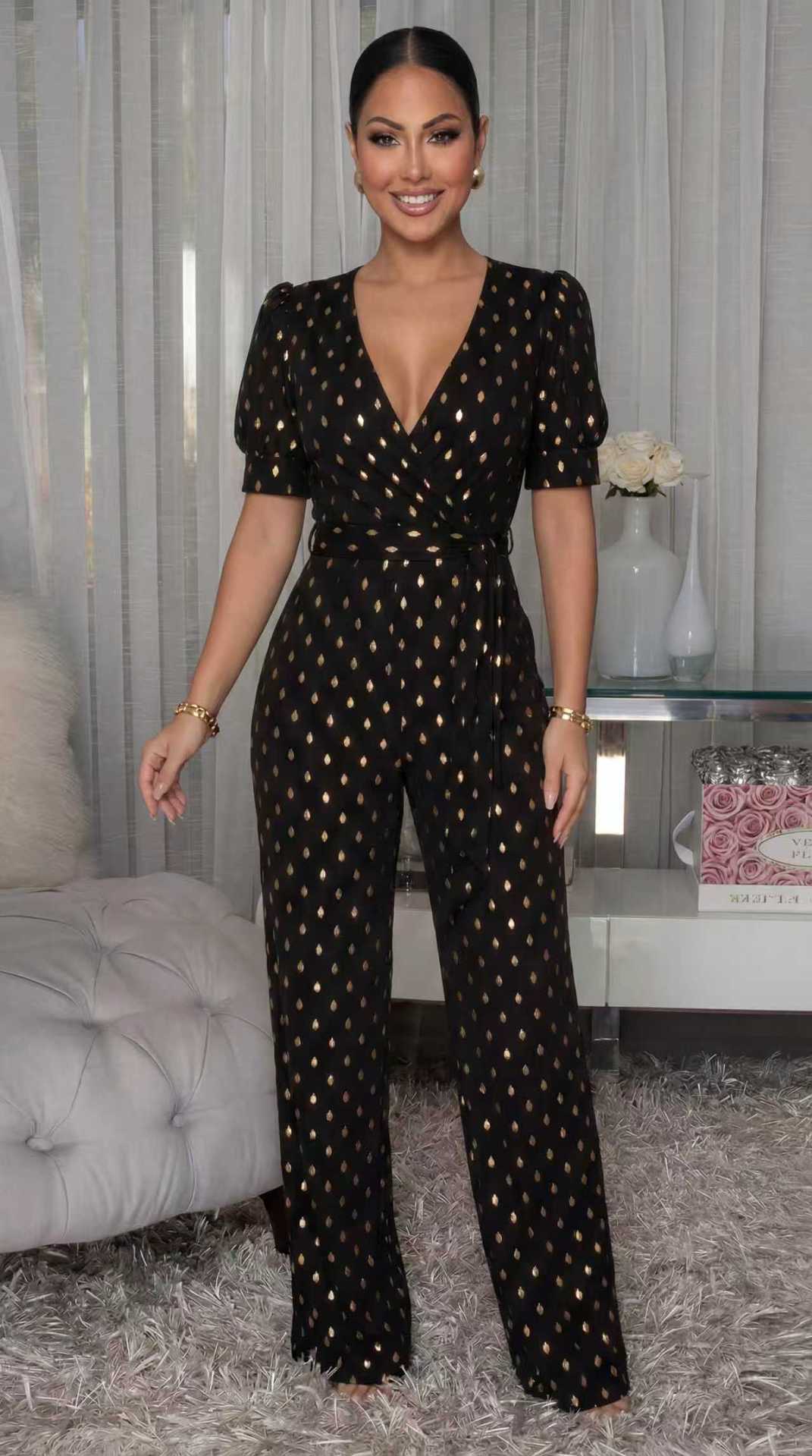 Short Sleeve V Neck Wide Leg Jumpsuit OSM 4498