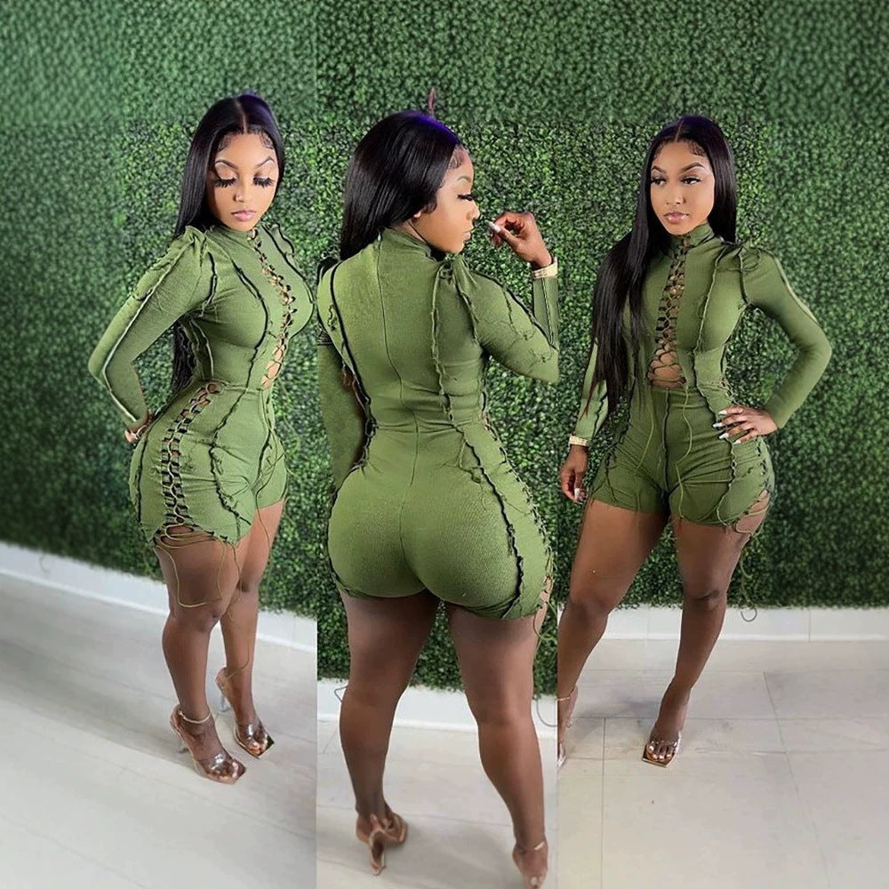 Sexy Patchwork Solid Color Tie Up Romper SHMF 6211