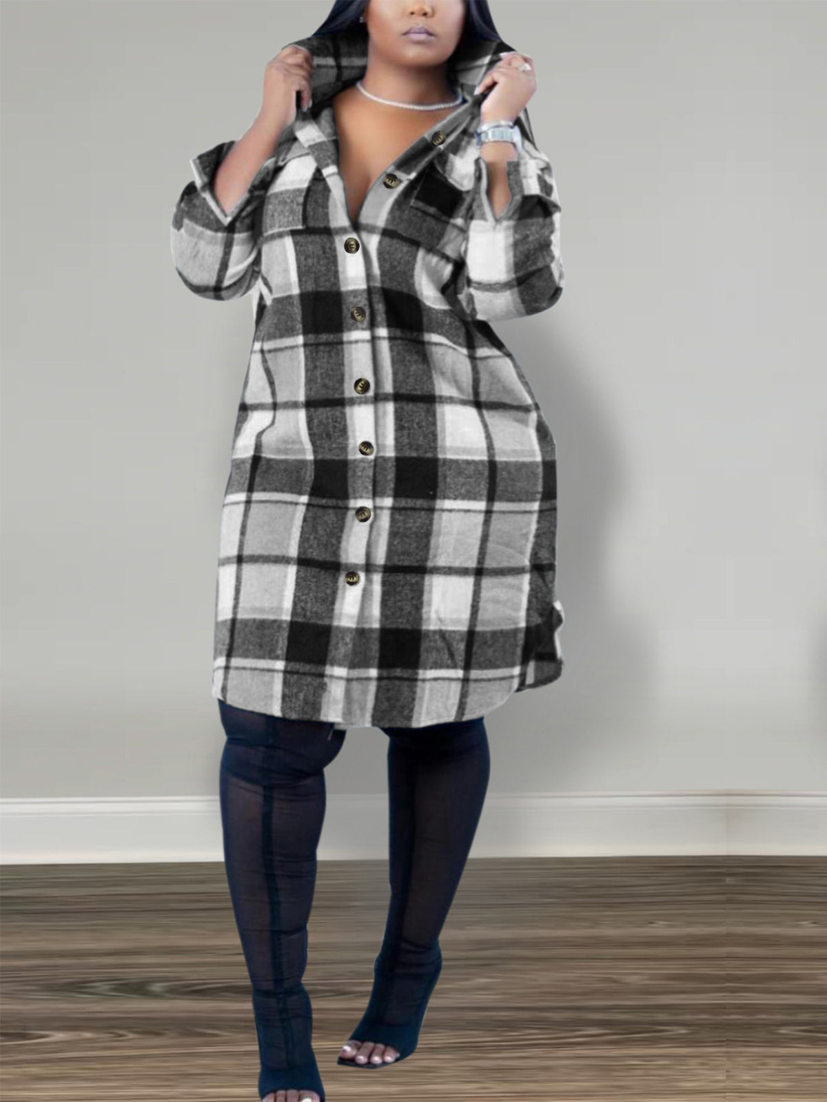Plaid Print Long Sleeve Long Coats YH 5339