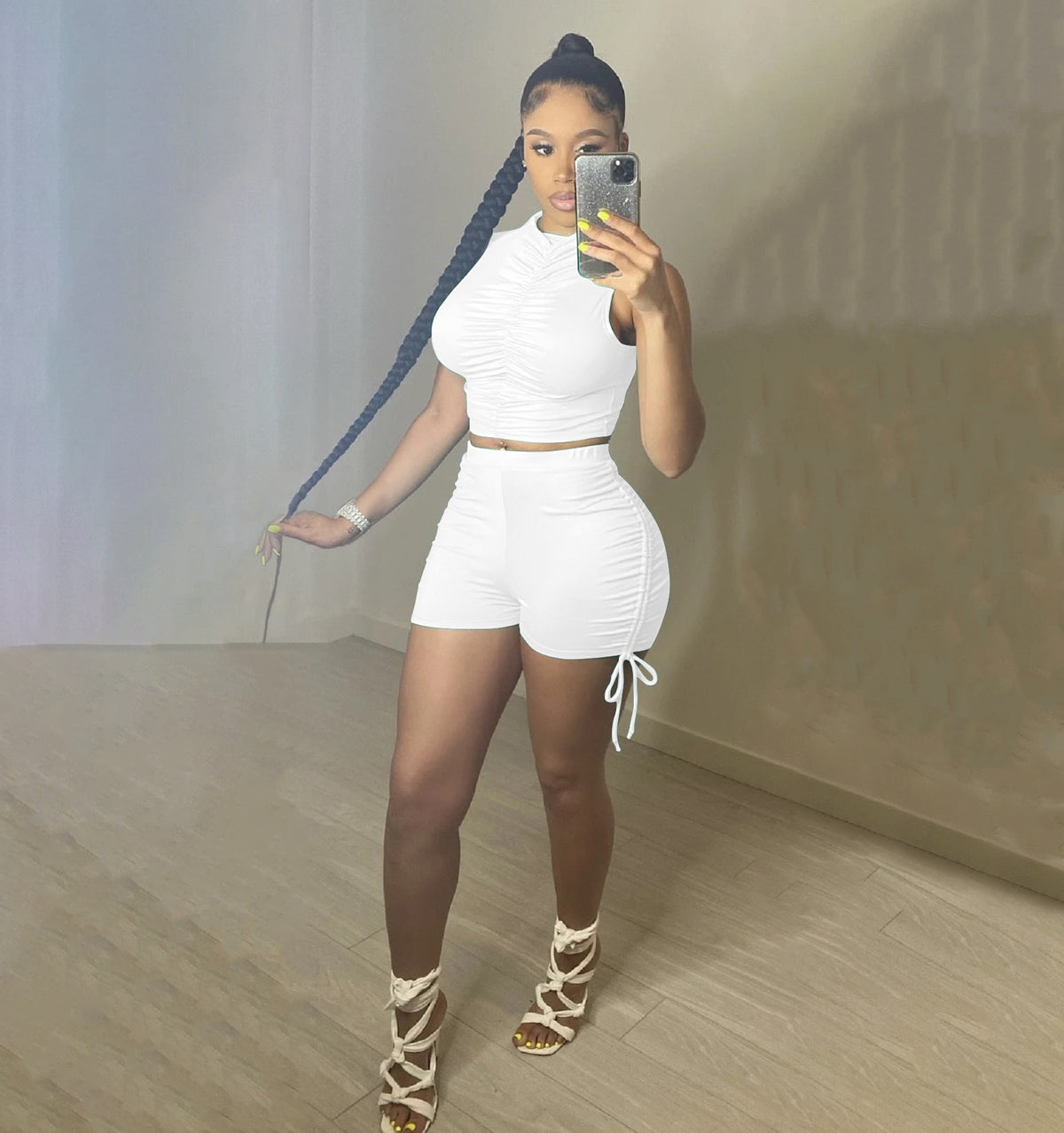 Sexy Sleeveless Ruched Two Piece Shorts Set YIBF 6043