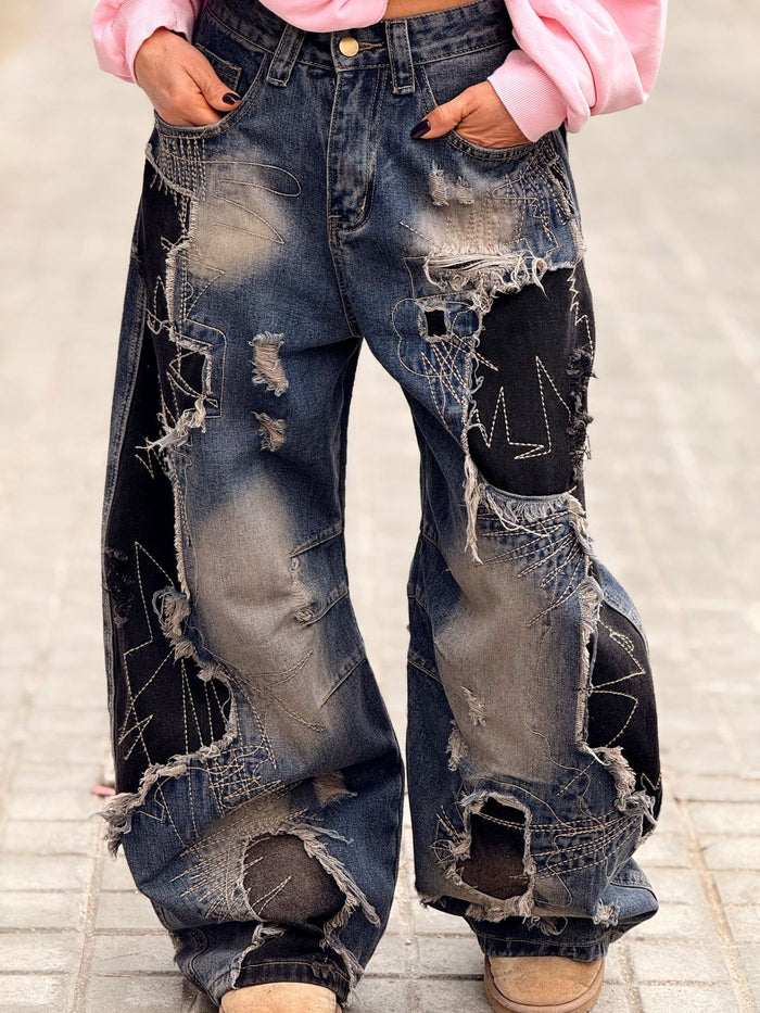 Washed Holes Patchwork Loose Jeans GYLN 1106
