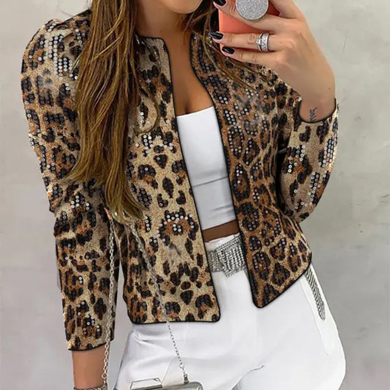 Leopard Print Sequin Long Sleeve Coats GFRT 51944TBD