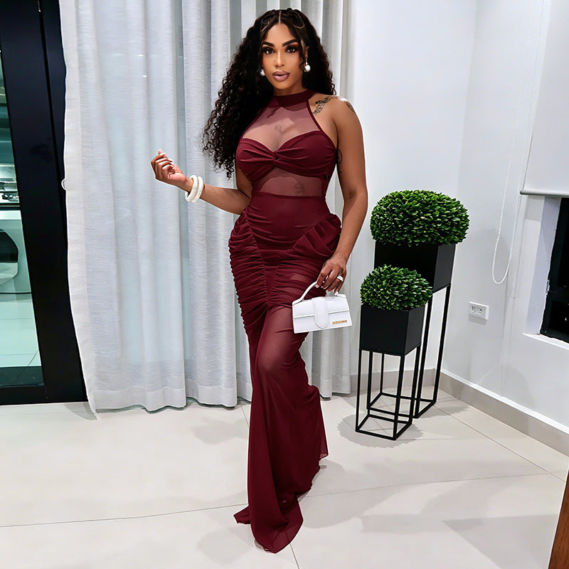 Mesh Patchwork See Through Sleeveless Maxi Dress GDSF D26DS180