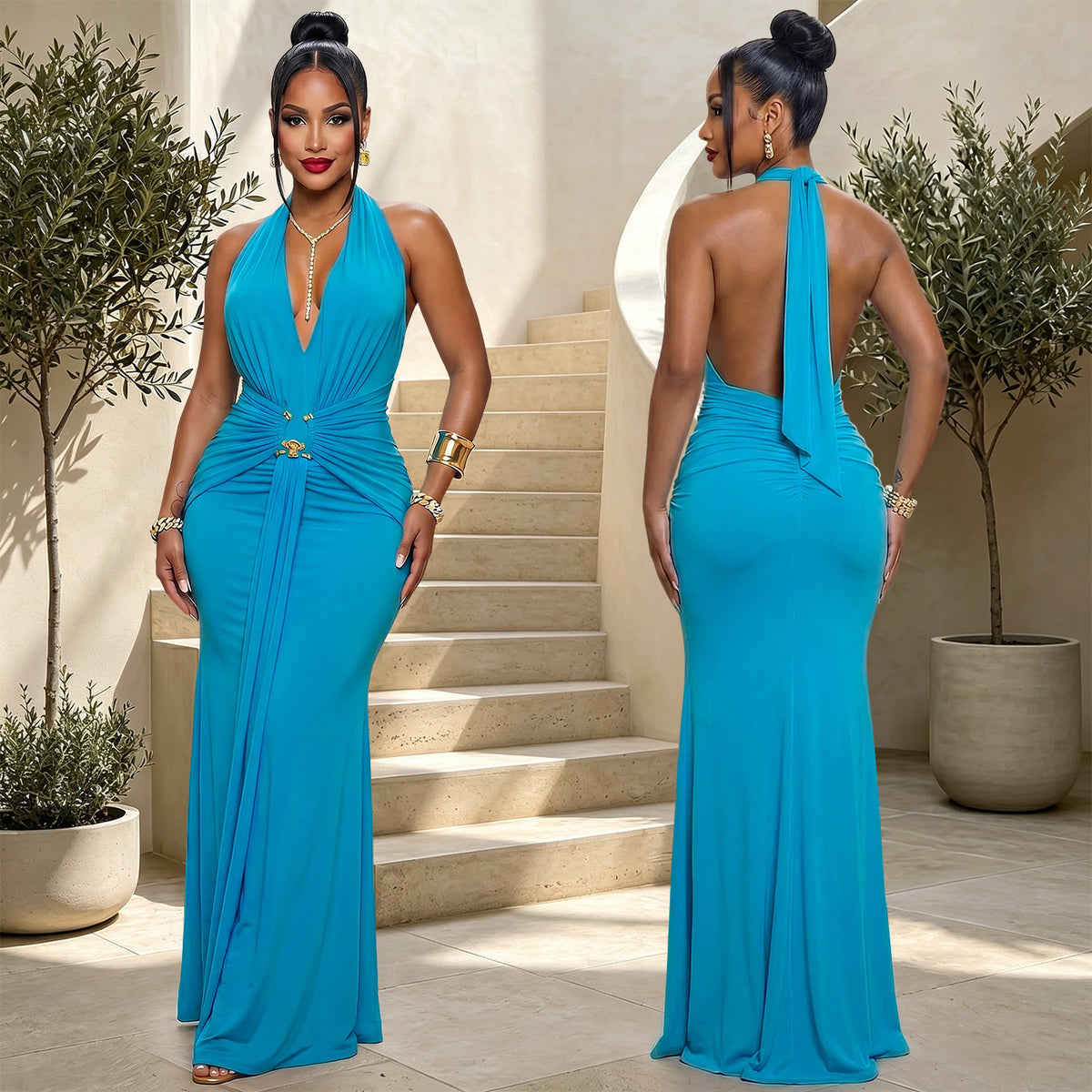 Deep V Neck Solid Color Ruched Maxi Dress BY 7789