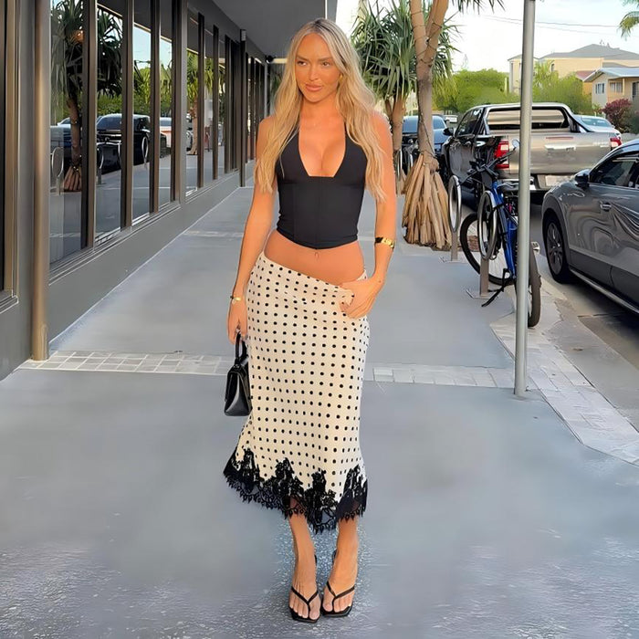 Lace Patchwork Polka Dot Print Long Skirt DLSF K6J03778A
