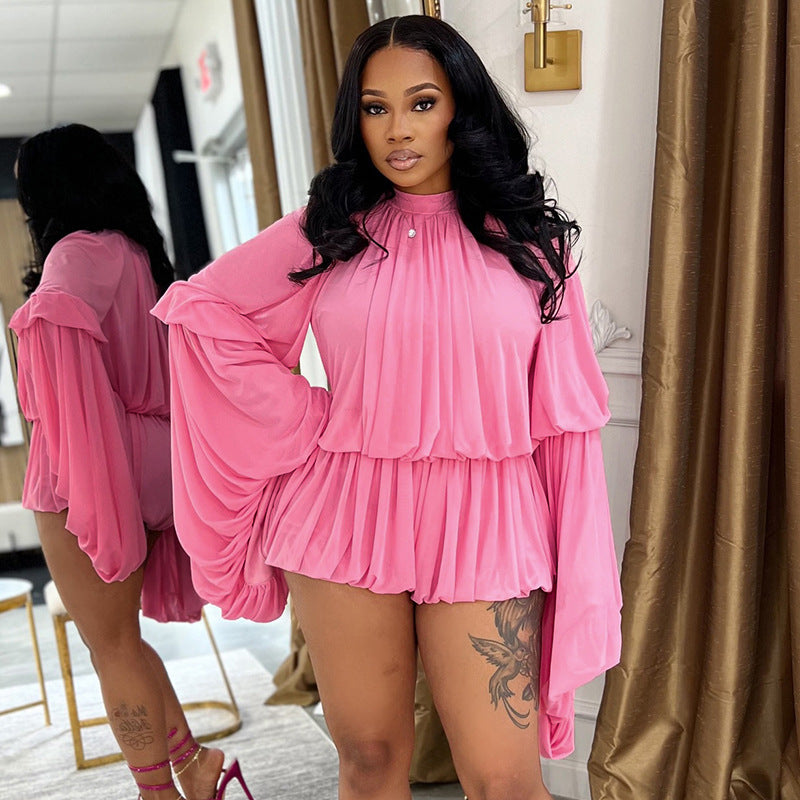Ruched Long Sleeves Loose Bud Romper GXHF M80626